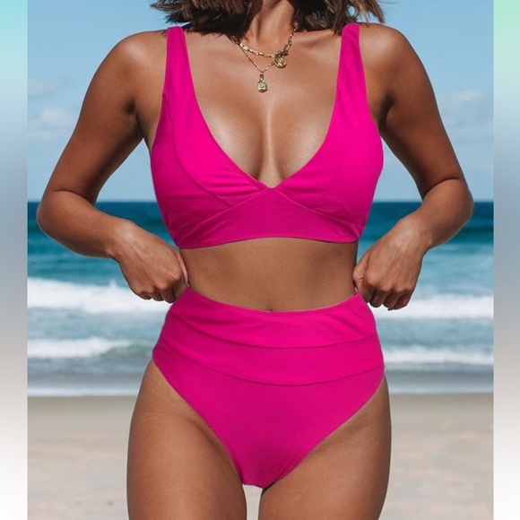 Hilinker Women's Bikini Swimsuits V Neck High Waisted 2 Piece Bathing Suit - Picture 3 of 5